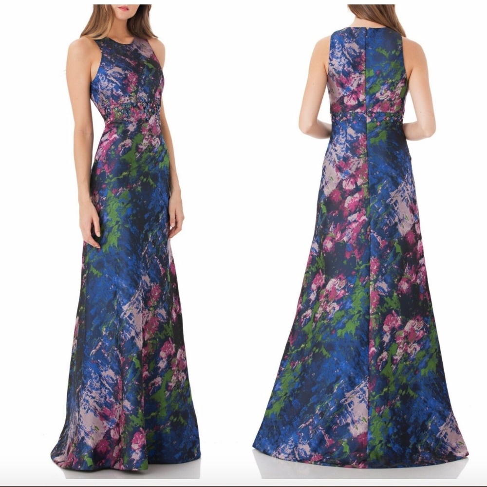 NWT Carmen Marc Valvo Cutaway Brocade Bias Gown